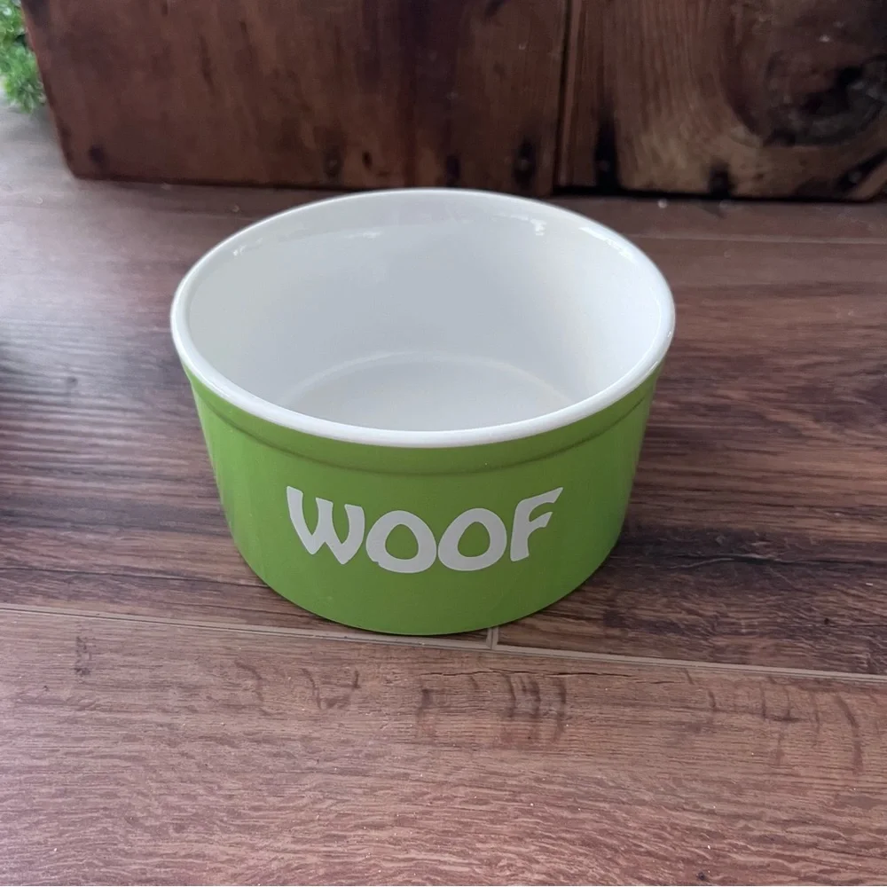 Small Dog green dish with Woof script.